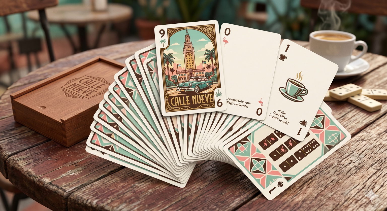 Calle Nueve card deck fanned out on a cafe table with a wooden box and cafecito
