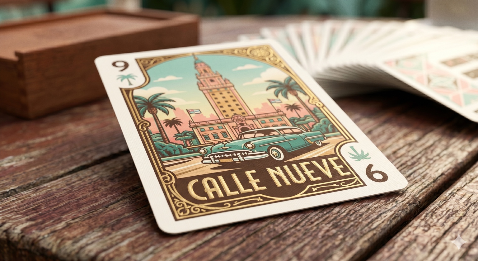 Close-up of a Calle Nueve hero card on a wooden table